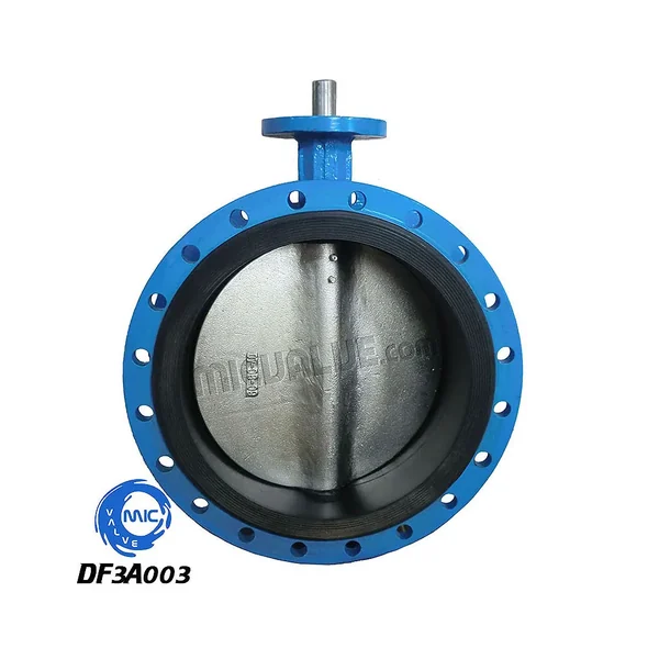 DF3A003 concentric flanged butterfly valve with pin-type disc and bare shaft, shown with hand lever attached