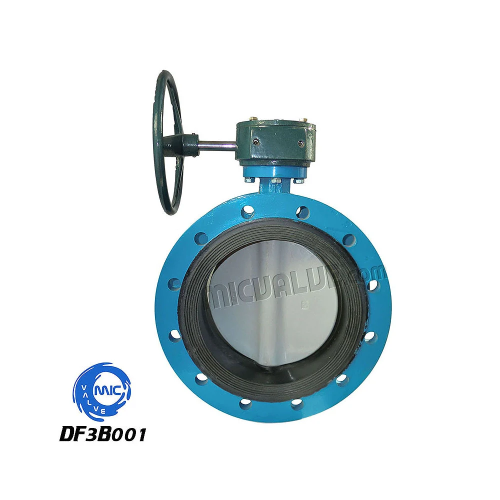 DF3B001 concentric flanged butterfly valve with nylon coated disc and gearbox, mounted on a pipe flange