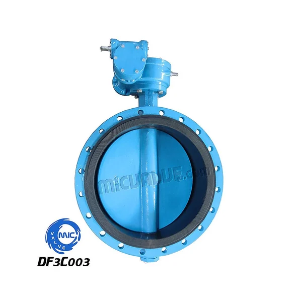 DF3C003 concentric flanged butterfly valve with epoxy coated disc and half shaft, shown in profile with flanged ends and hand lever