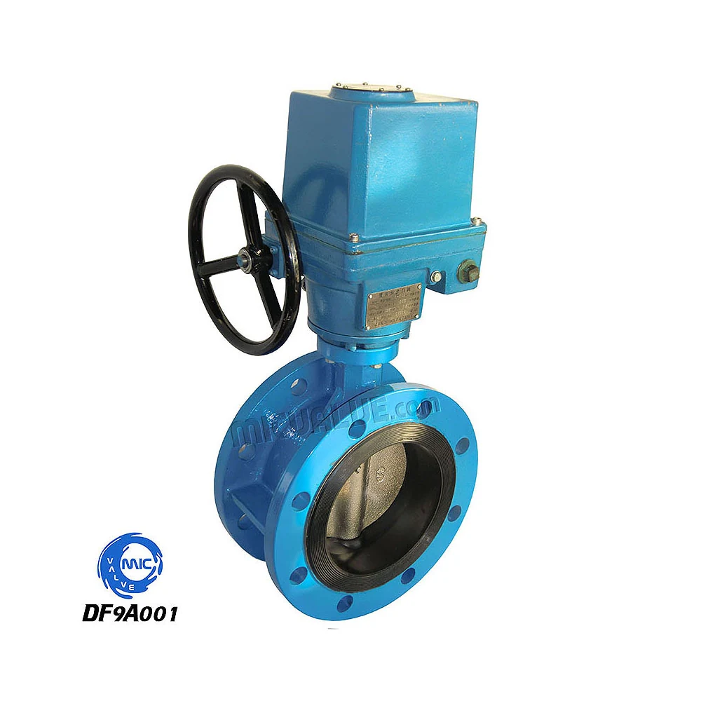DF9A001 concentric flanged butterfly valve with electric actuator and hand wheel mounted on pipe flanges