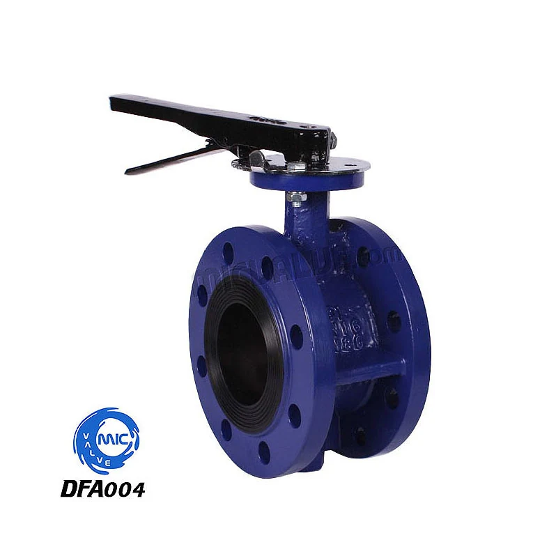 DFA004 concentric flanged butterfly valve with hand lever, showing flange connections and disc position