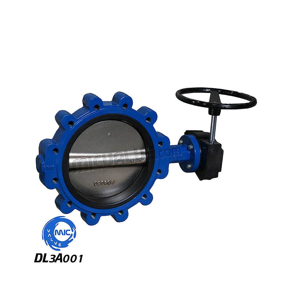 DL3A001 lug type butterfly valve with pin-fixed disc and manual gearbox, mounted on a pipe flange