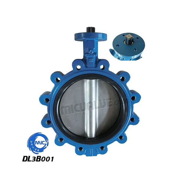 DL3B001 lug type butterfly valve with spline spindle and hand lever, showing threaded lug inserts on both ends