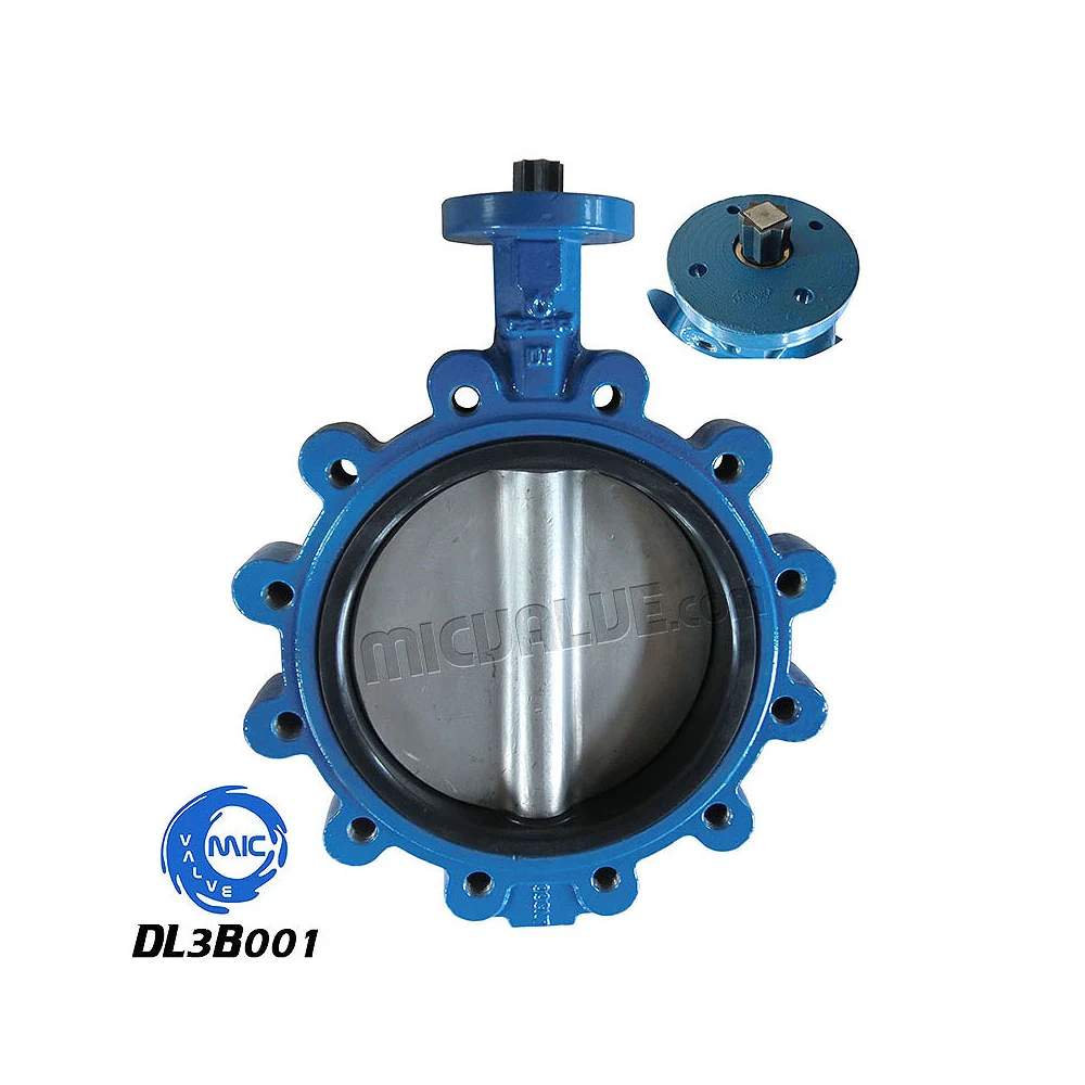 DL3B001 lug type butterfly valve with spline spindle and hand lever, showing threaded lug inserts on both ends