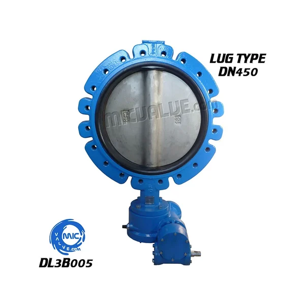 DL3B005 lug type butterfly valve with worm gear actuator, no pin connection, showing body, stem, and actuator assembly
