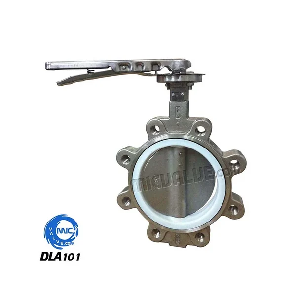 DLA101 lug butterfly valve with pin-fixed disc and PTFE seat, showing threaded lug ends and hand lever