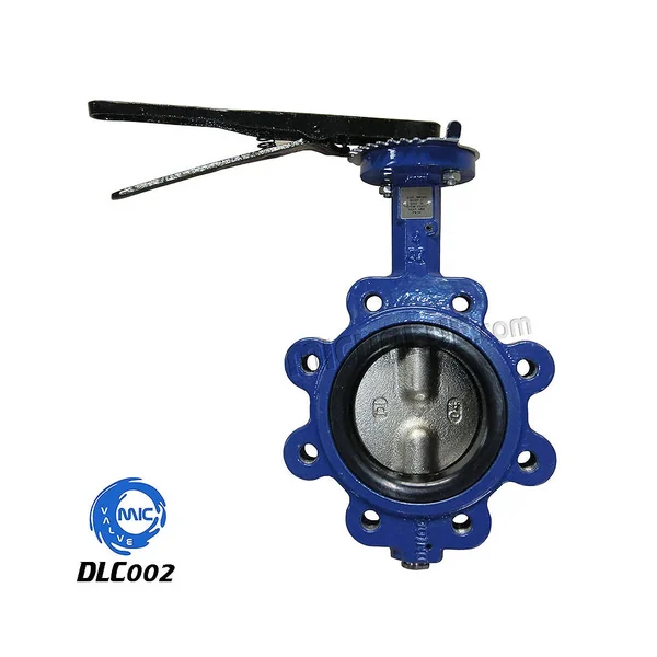 DLC002 lug butterfly valve with two-piece shaft, threaded lugs, and hand lever