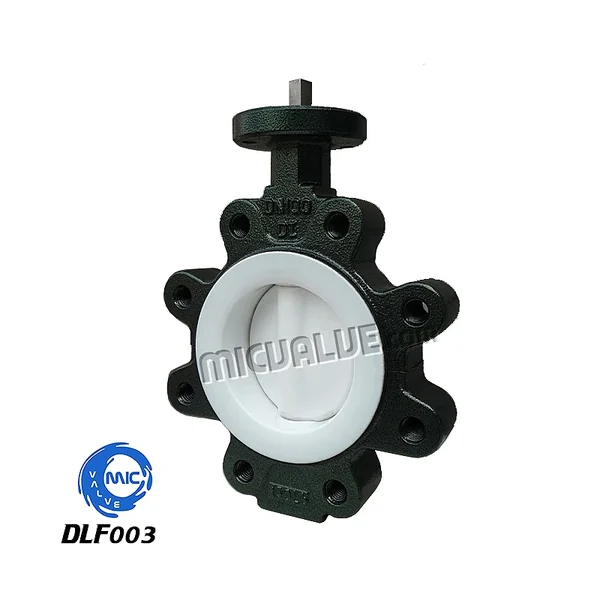 DLF003 lug butterfly valve with full PTFE coating, showing threaded lug holes and PTFE-coated disc and seat