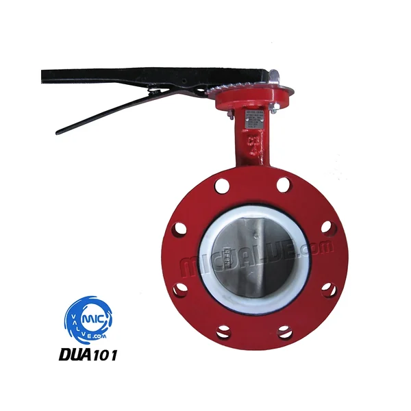DUA101 U type butterfly valve with pin-fixed disc and PTFE seat, shown with hand lever and flanged connections