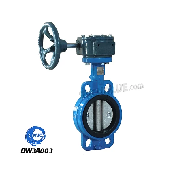 DW3A003 wafer type butterfly valve with gearbox mounted on the stem, shown in a side view with hand lever and flanged connections