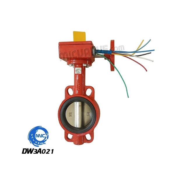 DW3A021 wafer type butterfly valve with gear actuator mounted on the stem, shown in profile with handwheel and flanged connection