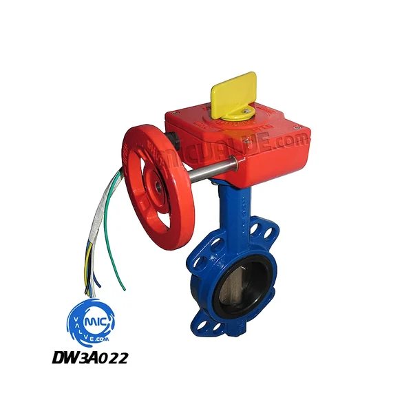 DW3A022 wafer type butterfly valve with signal gear actuator and hand lever, mounted between two pipe flanges