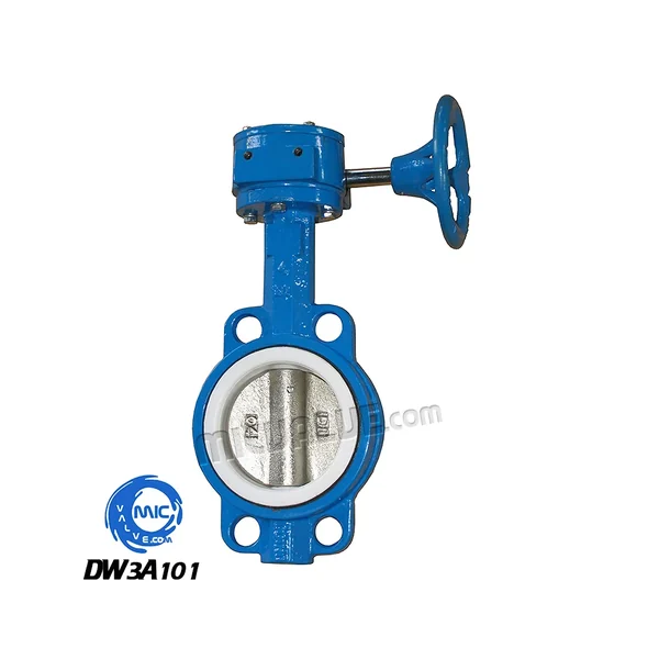 DW3A101 DN10 to DN2600 wafer type butterfly valve with pin-fixed disc and PTFE seat, shown with hand lever