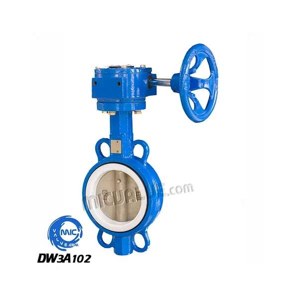 DW3A102 DN10 to DN2600 wafer type butterfly valve with pin-fixed disc and PTFE seat, shown with hand lever