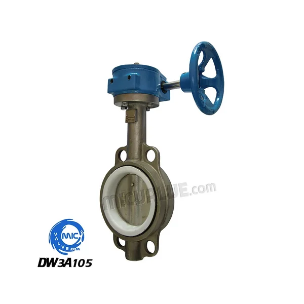 DW3A105 DN10 to DN2600 wafer type butterfly valve with pin-fixed disc and PTFE seat, shown in profile with hand lever