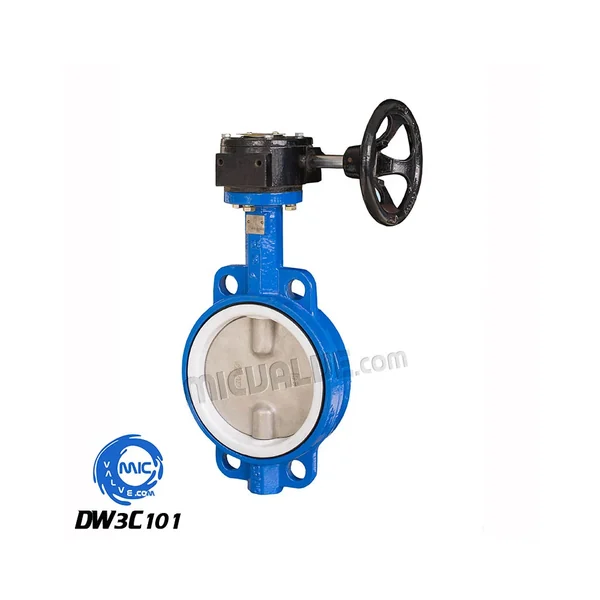 DW3C101 DN10 to DN2600 wafer type butterfly valve with half shaft and PTFE seat, shown with hand lever and flanged ends