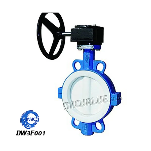 DW3F001 wafer type butterfly valve with PTFE coated disc and gearbox, mounted on a pipe flange