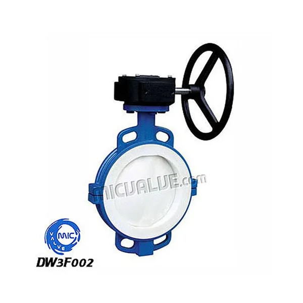 DW3F002 wafer type butterfly valve with PTFE coated disc and wormgear operation