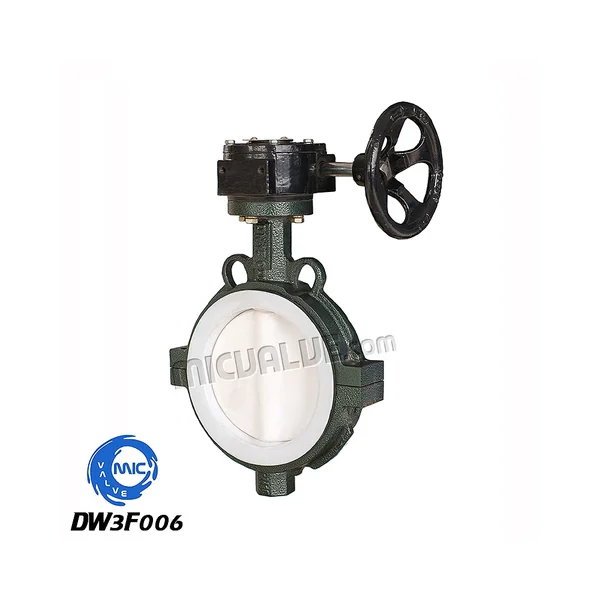 DW3F006 DN10-2600 wafer type butterfly valve with PTFE coated disc and wormgear actuation