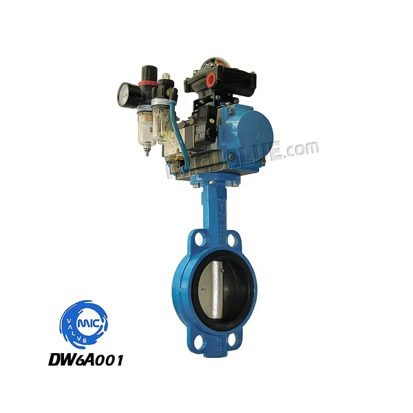 DW6A001 DN50 wafer type butterfly valve with integrated pneumatic actuator, limit switch, solenoid valve, and air service unit