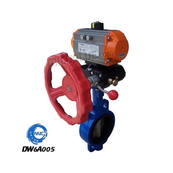 DW6A005 wafer type butterfly valve with pneumatic actuator mounted on the stem, shown in a side view with pipe flanges