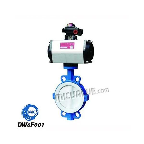 DW6F001 wafer butterfly valve with PTFE coated disc and integrated pneumatic actuator