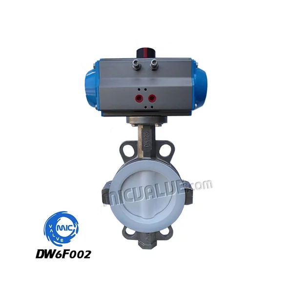 DW6F002 wafer type butterfly valve with PTFE coated disc and integrated pneumatic actuator