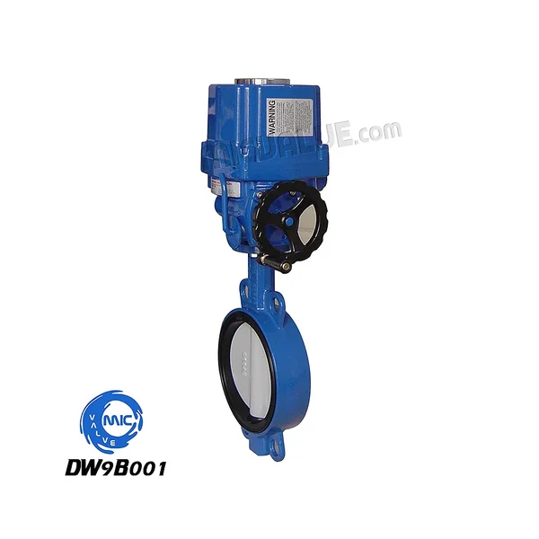 DW9B001 DN50 wafer type butterfly valve with electric actuator, hand wheel, and nylon coated disc