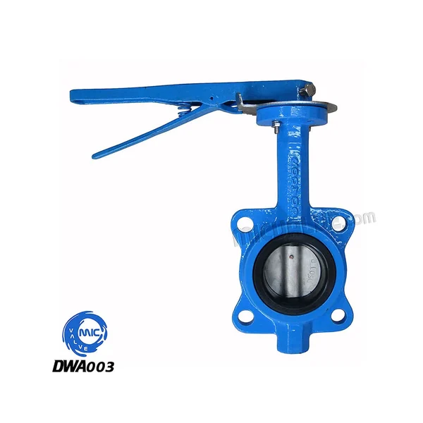 DWA003 wafer type butterfly valve with pin-fixed disc and stainless steel disc, shown with hand lever