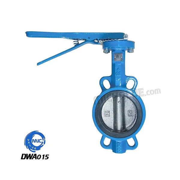 DWA015 wafer type butterfly valve with PN10 and PN16 flange drilling, shown with hand lever and flanged ends
