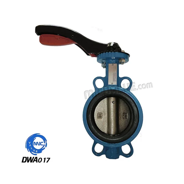 DWA017 wafer type butterfly valve with aluminium handle and universal holes, shown in profile with handle in open position