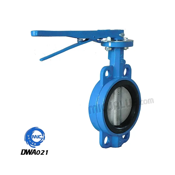 DWA021 wafer type butterfly valve with CF8 disc and hand lever, viewed from the side