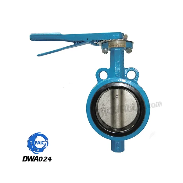 DWA024 wafer type butterfly valve with two holes, showing body, disc, and hand lever