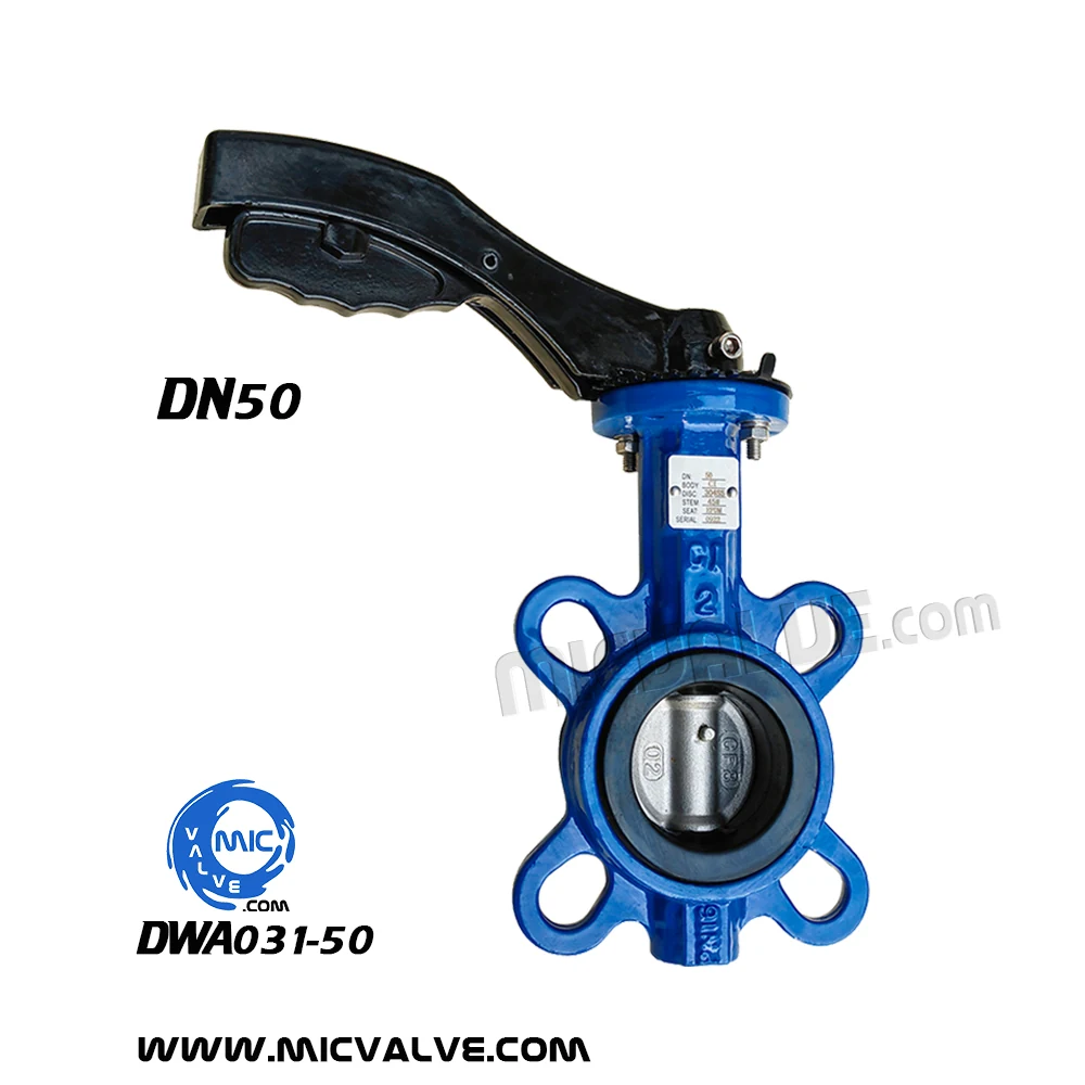 DWA031-050 DN50 wafer type butterfly valve with pin-fixed disc and hand lever
