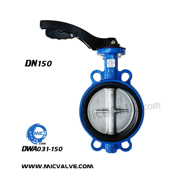 DWA031-150 DN150 wafer type butterfly valve with pin-fixed disc and hand lever