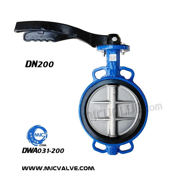 DWA031-200 DN200 wafer type butterfly valve with pin-fixed disc and hand lever