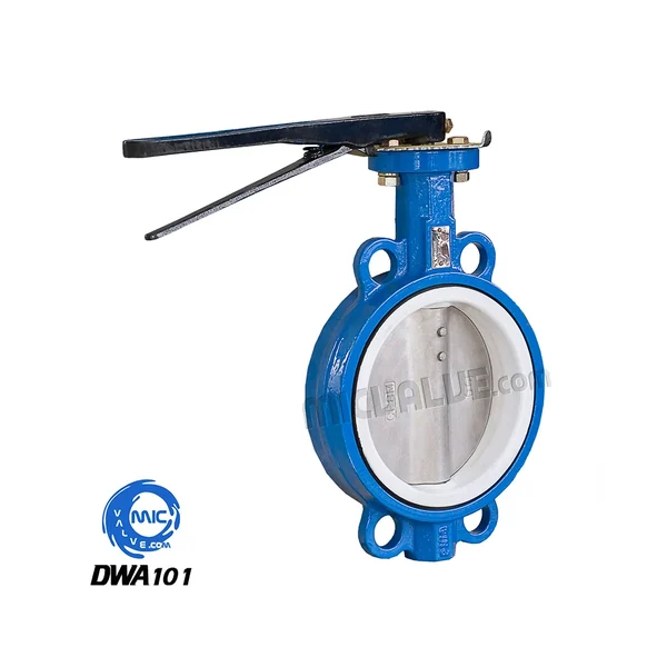 DWA101 wafer type butterfly valve with pin-fixed disc and PTFE seat, shown with hand lever and flanged connection