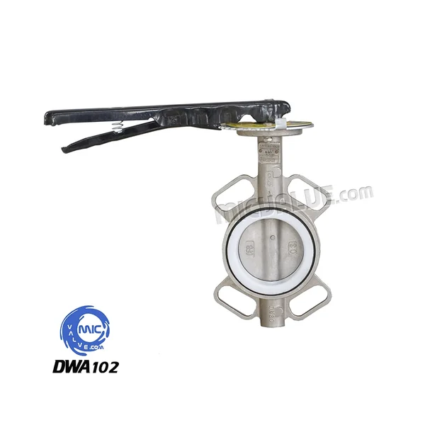 DWA102 wafer type butterfly valve with pin-fixed disc and PTFE seat, shown with hand lever