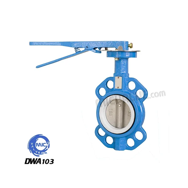 DWA103 wafer type butterfly valve with pin-fixed disc and PTFE seat, shown with hand lever