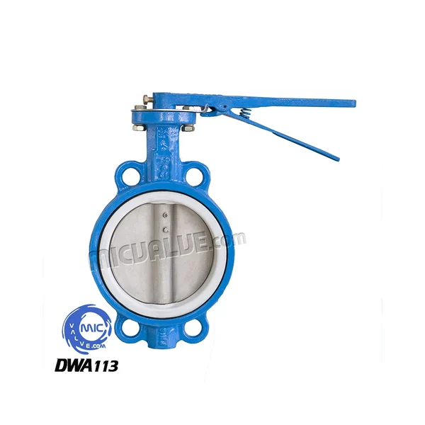 DWA113 wafer type butterfly valve with pin-fixed disc and PTFE seat, shown with hand lever