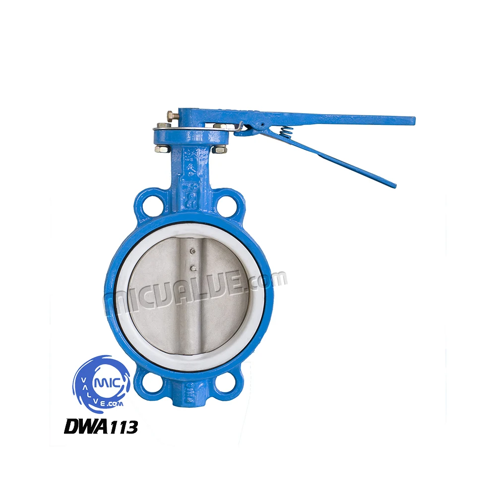 DWA113 wafer type butterfly valve with pin-fixed disc and PTFE seat, shown with hand lever