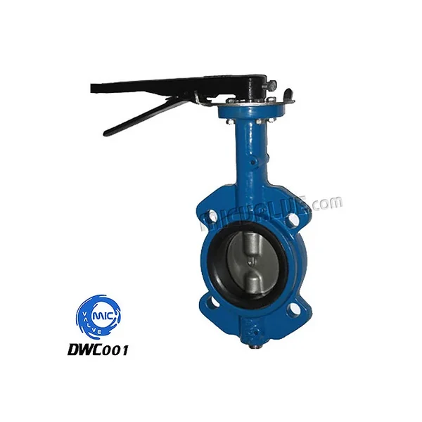 DWC001 DN50 wafer type butterfly valve with half shaft and CF8 disc, shown with hand lever and flanged connection
