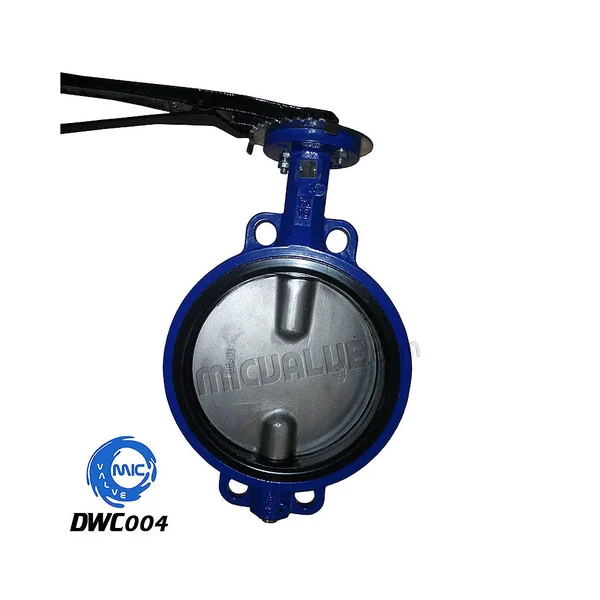 DWC004 DN10 to DN2600 wafer type butterfly valve with two-piece shaft and CF8M disc, shown with hand lever