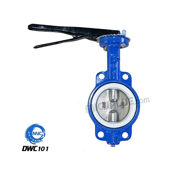 DWC101 DN10 to DN2600 wafer type butterfly valve with half shaft and PTFE seat, shown with hand lever