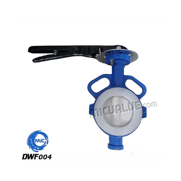 DWF004 DN10 to DN2600 wafer type butterfly valve with PTFE-coated disc and carbon steel hand lever