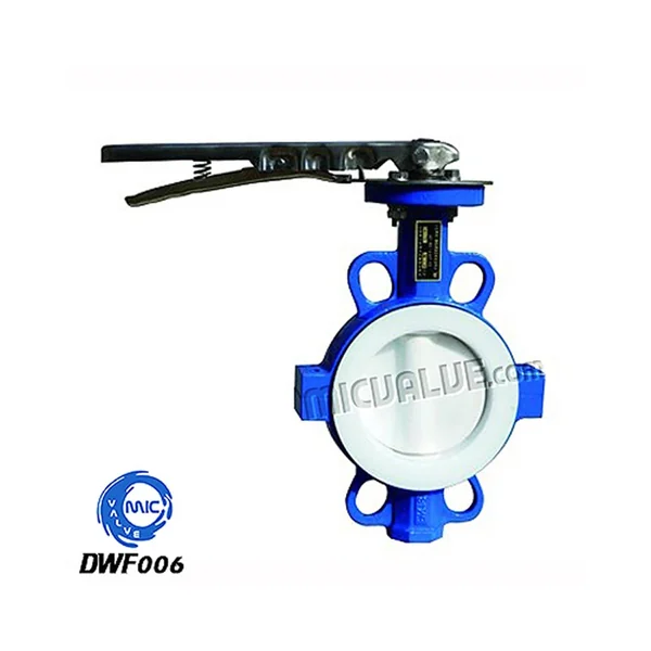 DWF006 DN10 to DN2600 wafer type butterfly valve with PTFE-coated disc and press hand lever