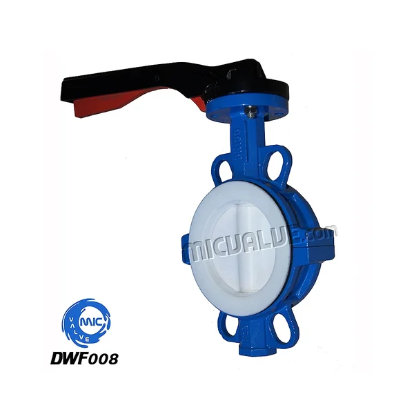 DWF008 wafer type butterfly valve with PTFE coated disc and aluminium hand lever