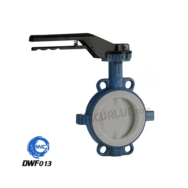 DWF013 DN10-2600 wafer butterfly valve with PTFE-coated disc and split body, shown with hand lever and flanged connections