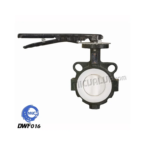 DWF016 wafer type butterfly valve with PTFE coated disc and two holes, shown with hand lever and flanged connection