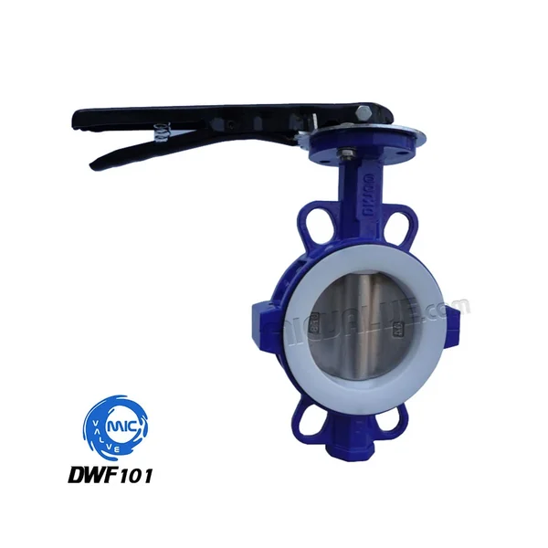 DWF101 DN10 to DN2600 wafer type butterfly valve with PTFE seat and CF8 disc, shown with hand lever